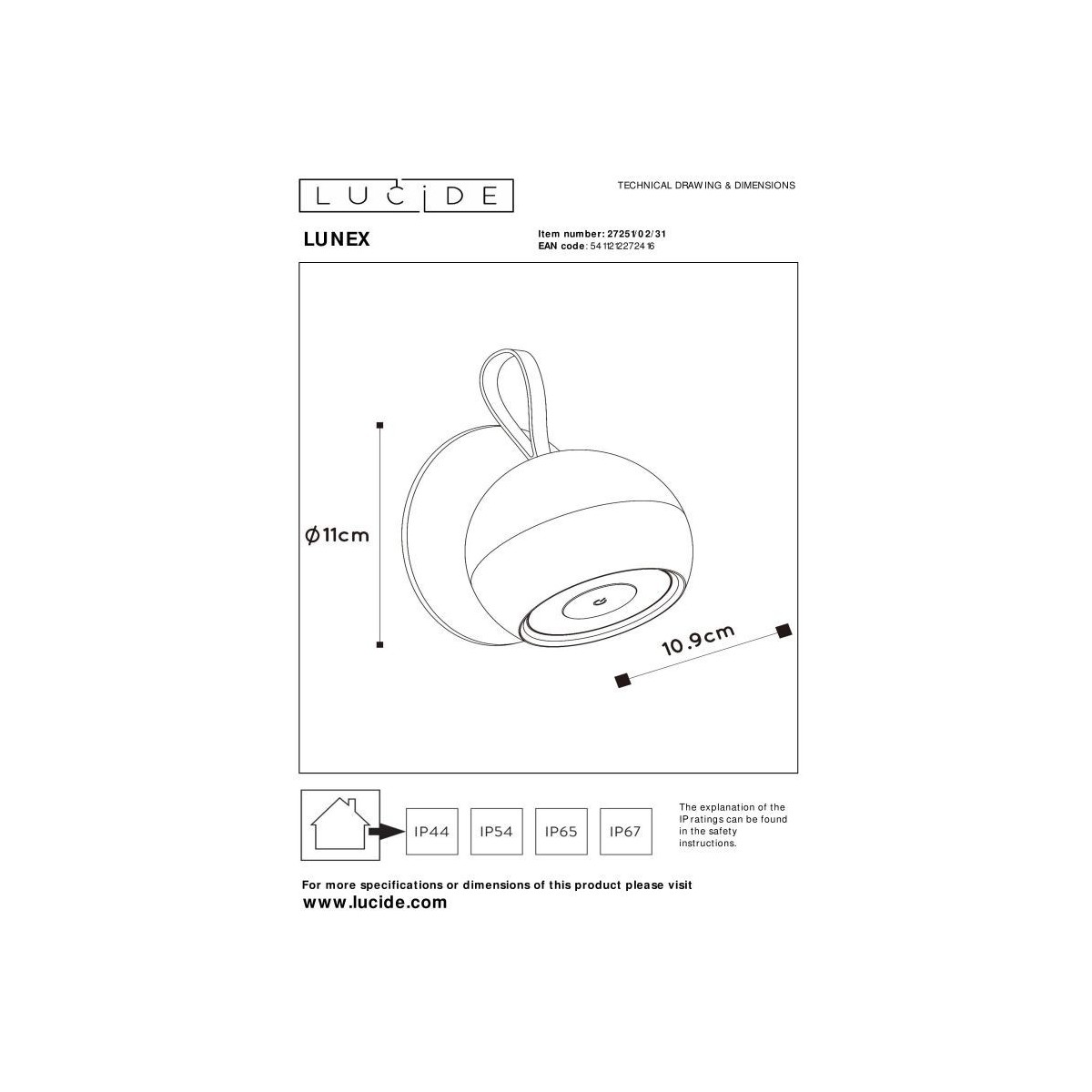 Lucide 27251/02/31 LUNEX - Lampa ścienna akumulatorowa do wewnątrz i na zewnątrz - Akumulator - Ściemniacz LED - 1x2W 3000K -…