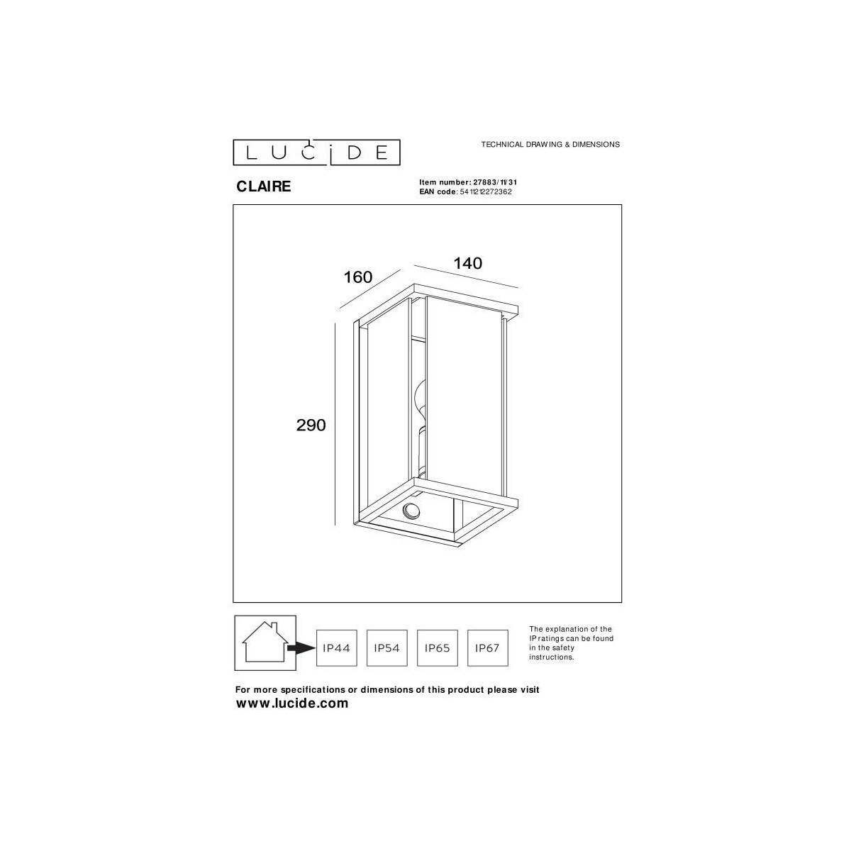 Lucide 27883/11/31 CLAIRE - Kinkiet do wewnątrz i na zewnątrz - 1xE27 - IP54 - Czujnik ruchu i dzień/noc - Biały