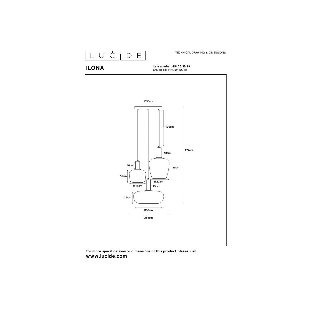 Lucide 45408/13/99 ILONA - Lampa wisząca - 3xE27 - Czarna