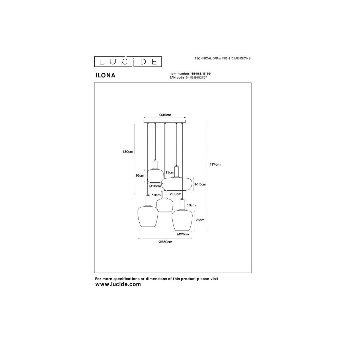 Lucide 45408/15/99 ILONA - Lampa wisząca - 5xE27 - Czarna