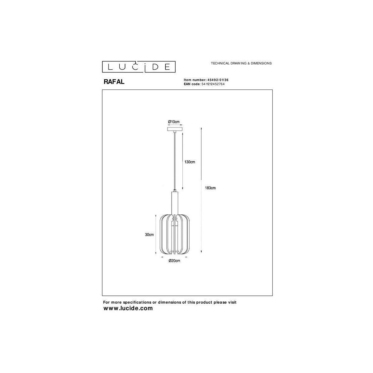 Lucide 45492/01/36 RAFAL - Lampa wisząca - 20 cm - 1xE27 - Szara