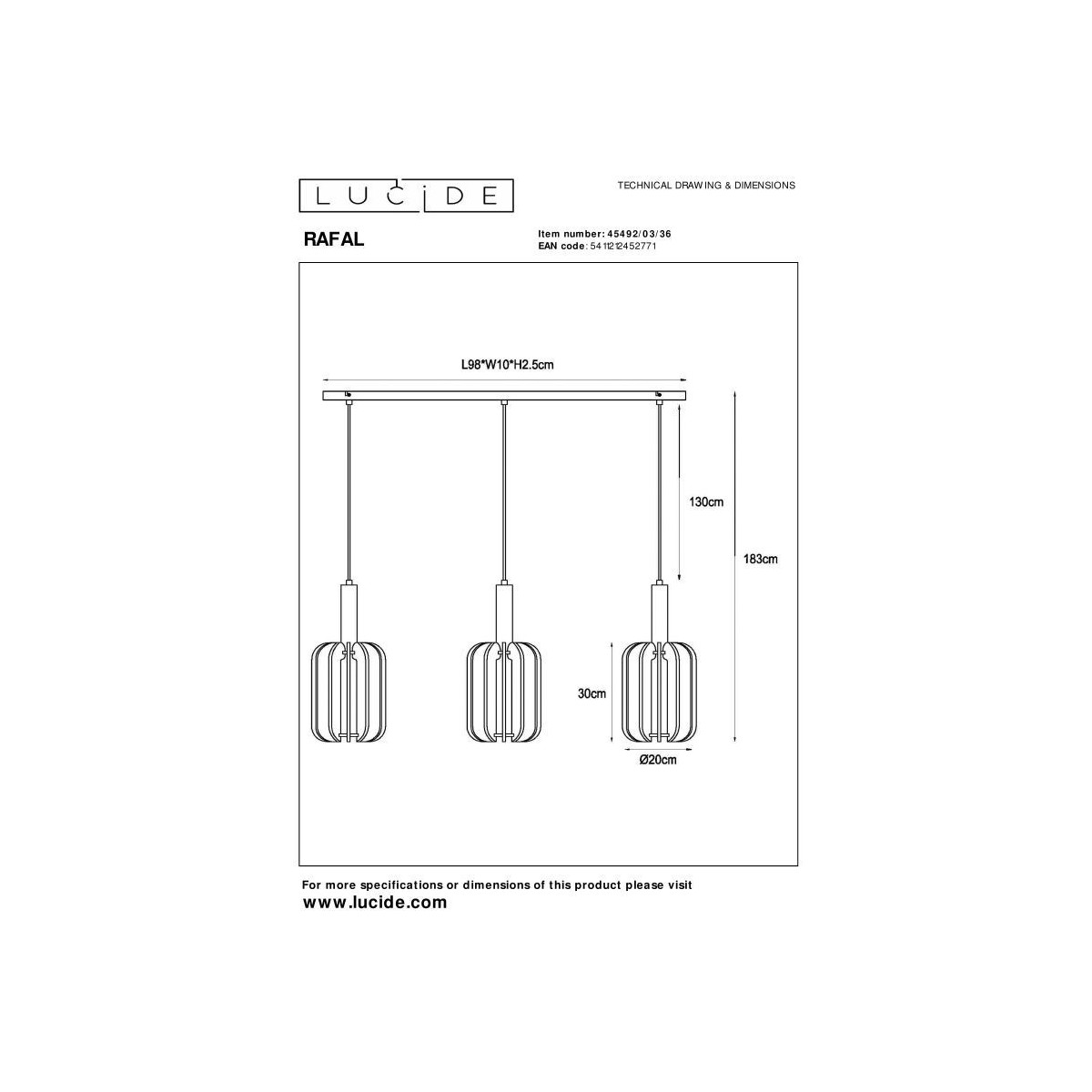 Lucide 45492/03/36 RAFAL - Lampa wisząca - 3xE27 - Szara