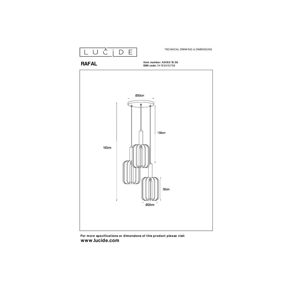 Lucide 45492/13/36 RAFAL - Lampa wisząca - 50 cm - 3xE27 - Szara
