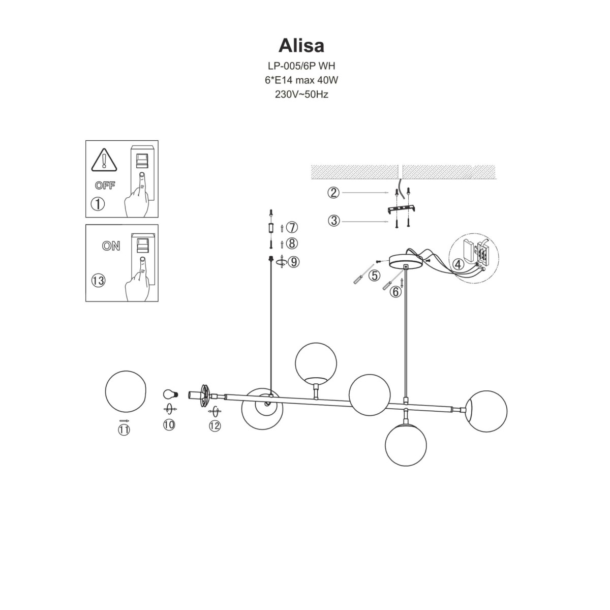 Light Prestige Alisa wisząca złota / białe kulki LP-005/6P WH