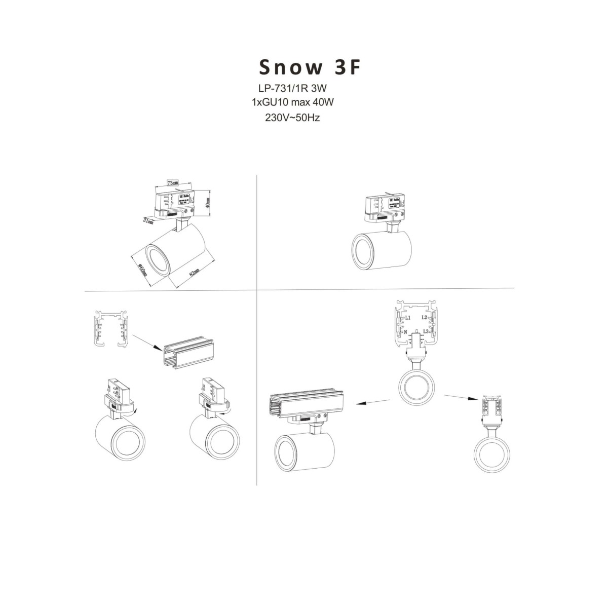 Light Prestige Szynoprzewód 3F 2m czarny LP-571/2M-3F BK