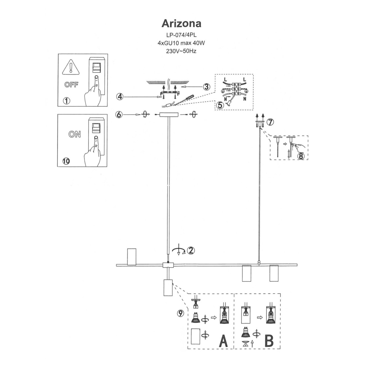 Light Prestige Arizona 4 linia wisząca czarny/złoty LP-074/4PL BK/GD