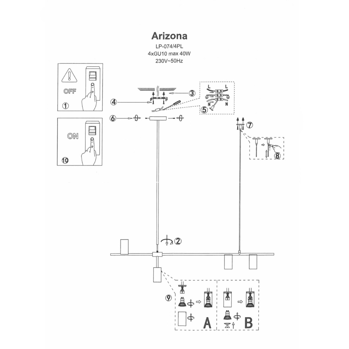 Light Prestige Arizona 6 linia wisząca czarny/złoty LP-074/6PL BK/GD