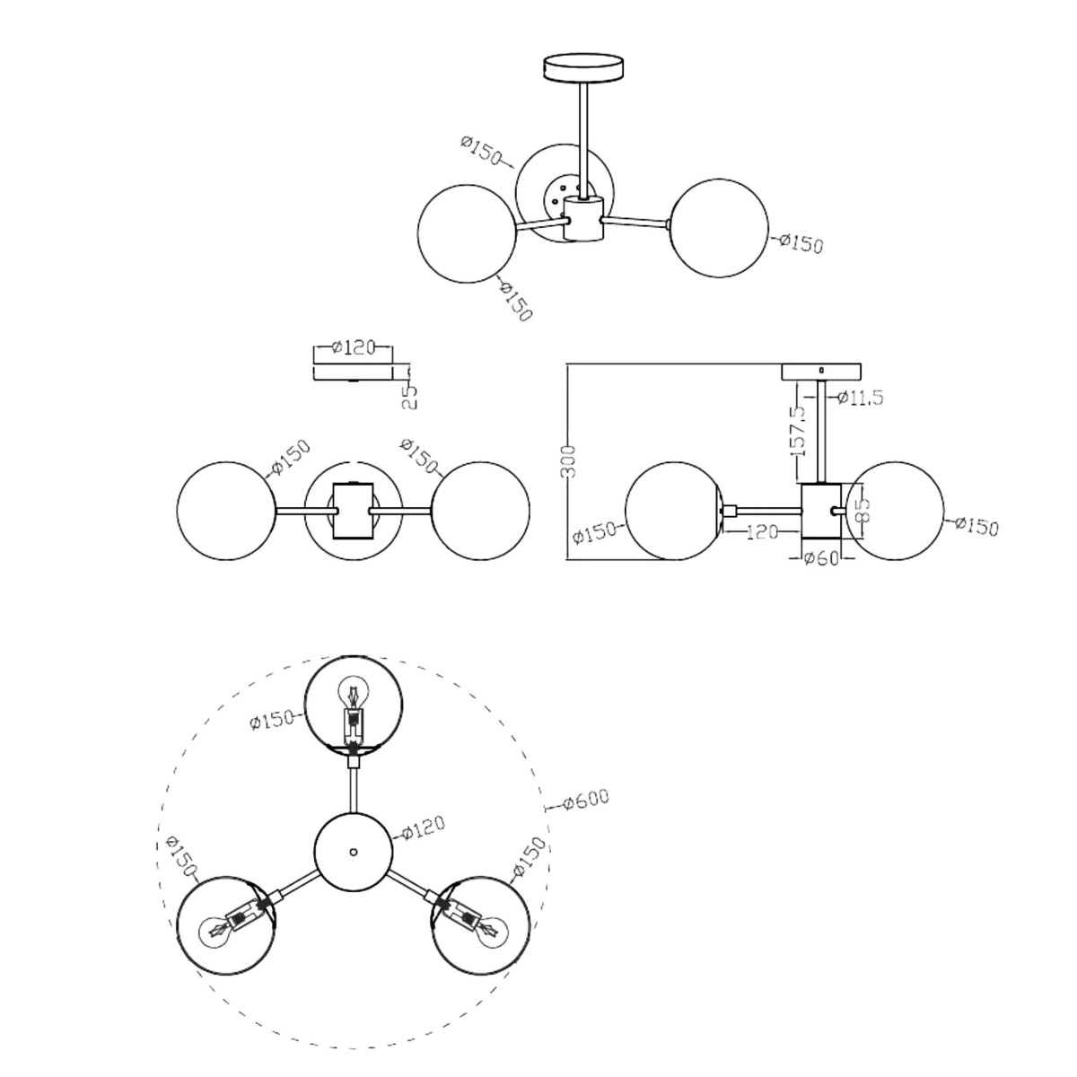Light Prestige Roma 3 wisząca czarna LP-1345/3P BK