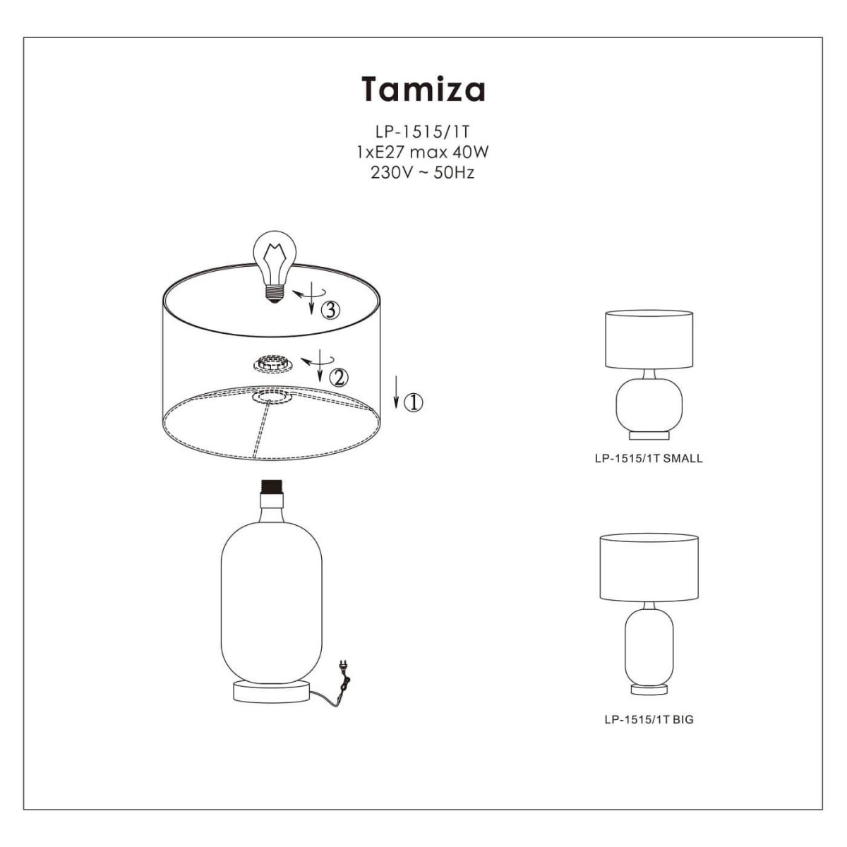 Light Prestige LP-1515/1T big black Lampa stołowa Tamiza 65 cm czarna 1xE27