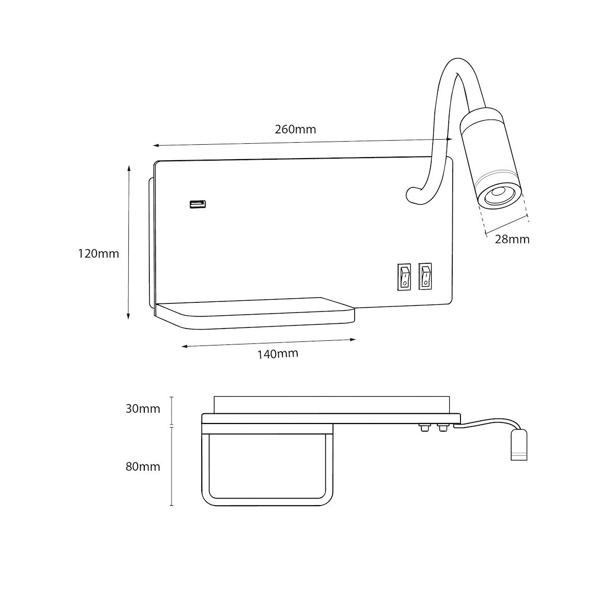 Lampa nocna z półką Shelf Led 4W+5W+2W prawa Czarny